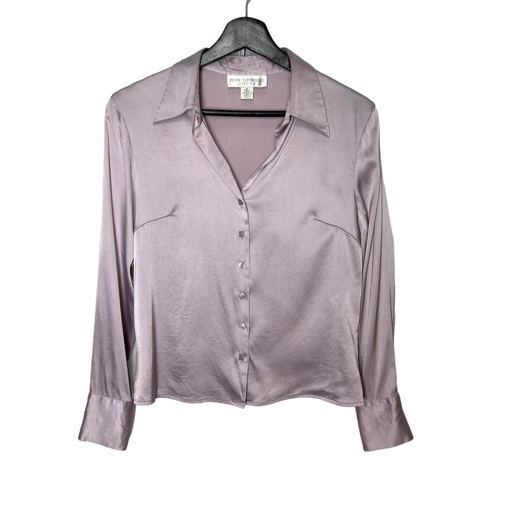 Vintage 90s Light Purple Button Up Short Waist Silky Long Sleeve 8